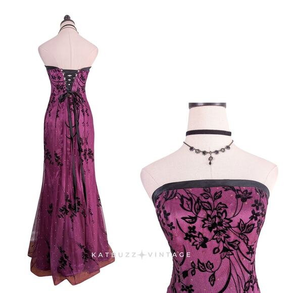 Vintage Prom Dress Maxi Gown 4 Purple Black 90S Y2K Gothic Corset Floral Mesh - Picture 1 of 16